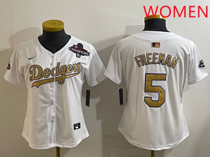 Women Los Angeles Dodgers #5 Freeman White Champion gold character 2025 Nike MLB Jersey style 4123